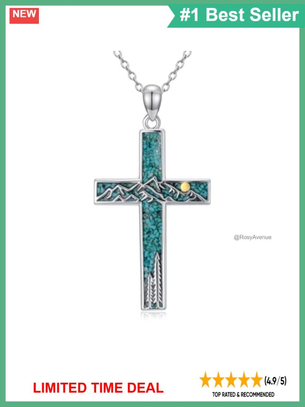 925 Sterling Silver Turquoise Mountain Cross Pendant Necklace Adjustable Chain